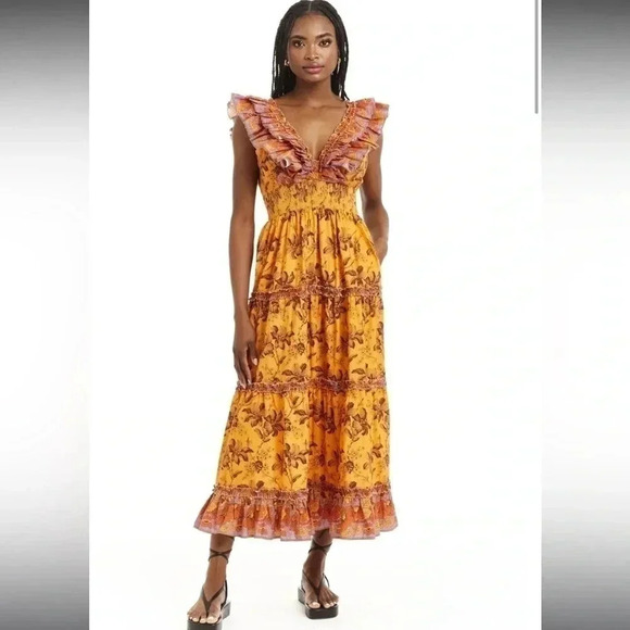 Anthropologie Love The Label Azalea Ruffled Midi Dress Beryl Mango Print Size M - Picture 3 of 7